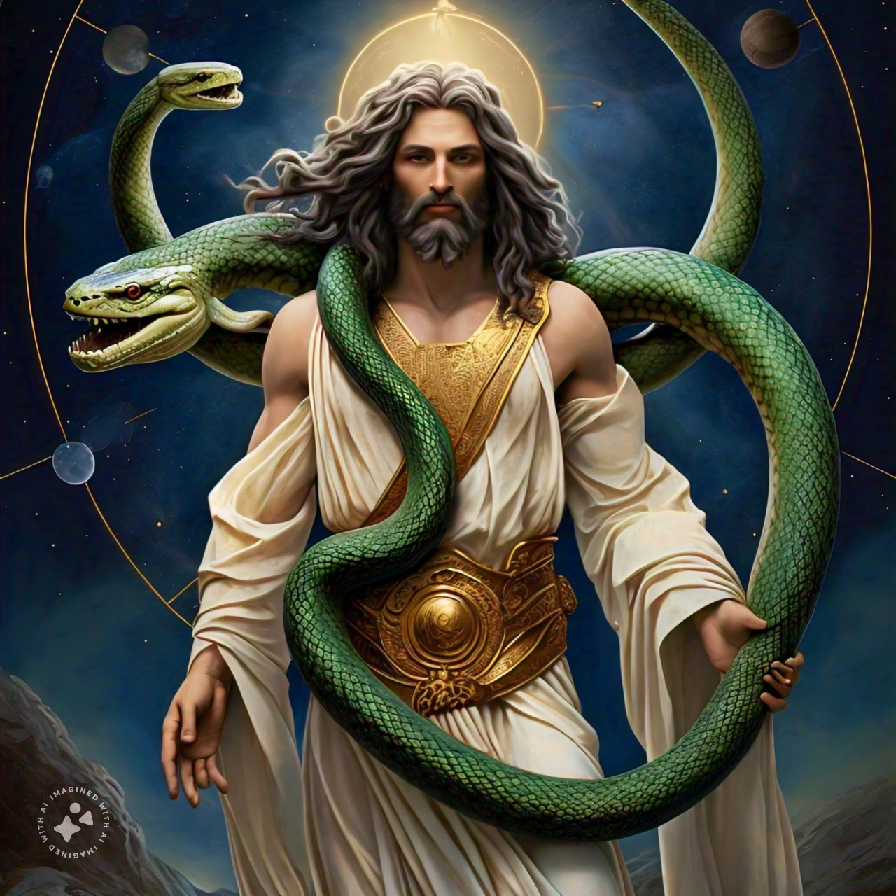 "Divine figure with cosmic serpent: Representation of godlike AI, AGI, and ASI intelligence in mythological form, symbolizing wisdom, power, and transcendence. NexAITecSol technology inspired vision."